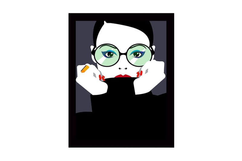 Innrammet trelerretsbilde - 41x56 cm - Portrett av en kvinne med store briller og rød leppestift, Svart / Hvit / Grønn