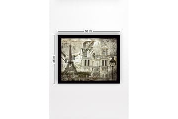 Innrammet trelerretsbilde - 41x56 cm - Parisisk bybilde med ikoniske bygninger - Grå / Svart / Hvit - Interiør - Maleri & posters - Lerretsbilder