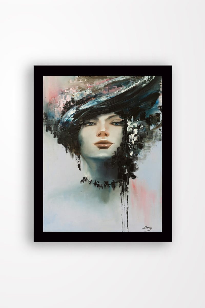 Innrammet trelerretsbilde - 41x56 cm - Portrett av en kvinne med dramatisk frisyre, Svart / Hudtone / Lyseblå