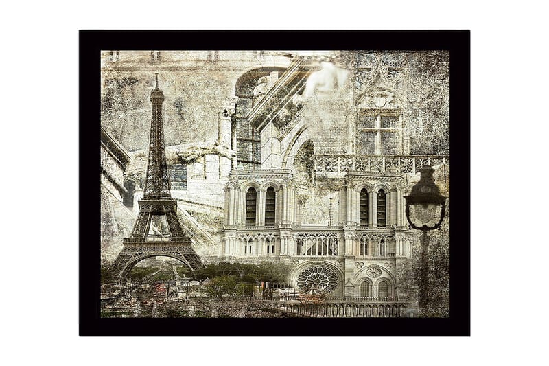Innrammet trelerretsbilde - 41x56 cm - Parisisk bybilde med ikoniske bygninger, Grå / Svart / Hvit