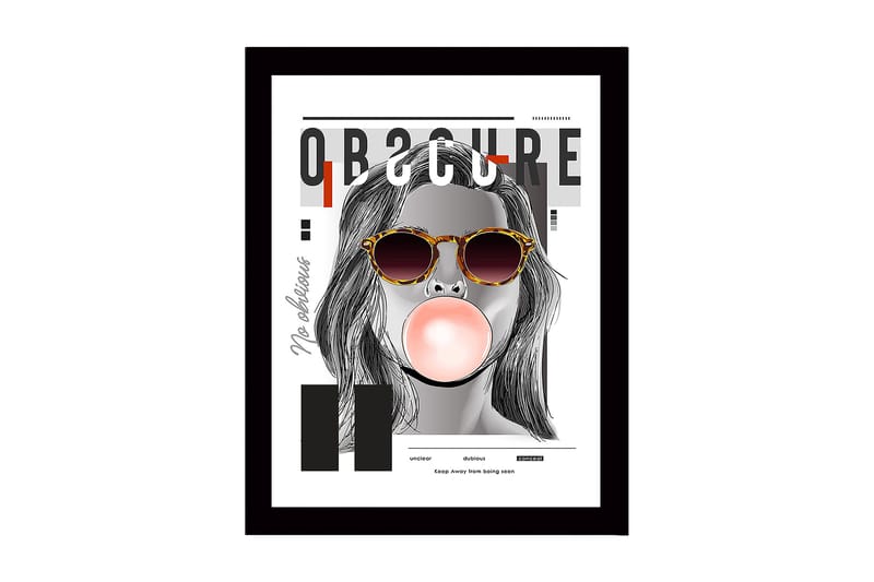 Innrammet trelerretsbilde - 41x56 cm - Portrett av en kvinne med solbriller som blåser tyggegummi, Grå / Svart / Beige