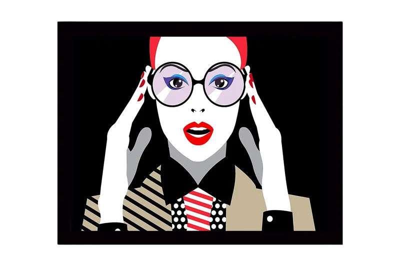 Innrammet trelerretsbilde - 41x56 cm - Portrett av en kvinne med store briller og rød leppestift, Rød / Svart / Hvit