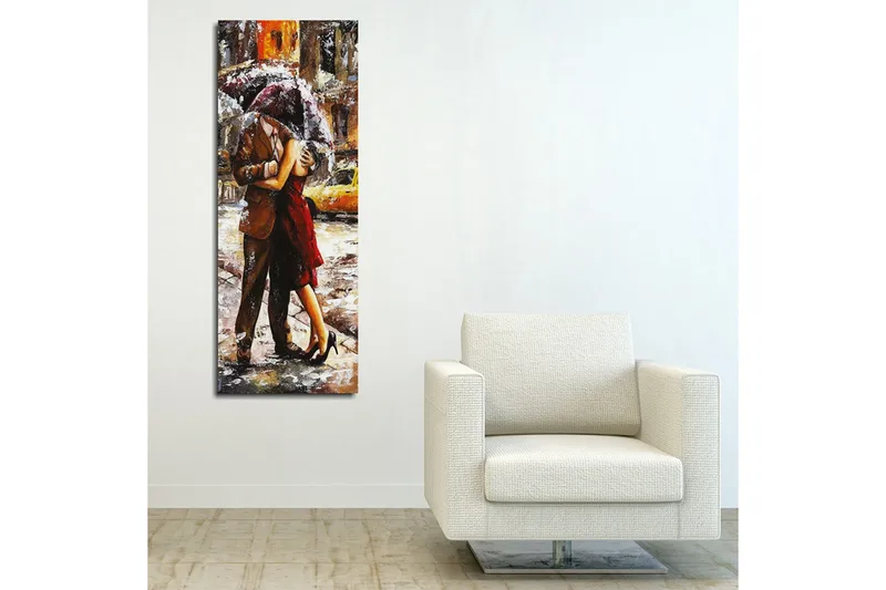 Lerret 30x80 cm - Romantisk dans under en paraply i regnet - Rød / Brun / Grå - Interiør - Maleri & posters - Lerretsbilder