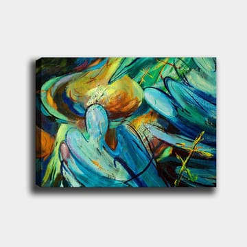 Lerret 70x100 cm - Abstrakt komposisjon med figurer som synes å samhandle i en dynamisk bevegelse - Blå / Grønn / Oransje - Interiør - Maleri & posters - Lerretsbilder