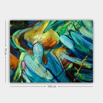 Lerret 70x100 cm - Abstrakt komposisjon med figurer som synes å samhandle i en dynamisk bevegelse - Blå / Grønn / Oransje - Interiør - Maleri & posters - Lerretsbilder