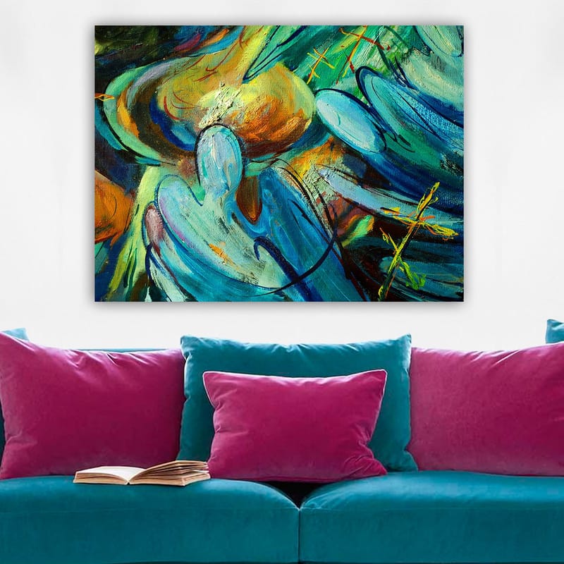 Lerret 70x100 cm - Abstrakt komposisjon med figurer som synes å samhandle i en dynamisk bevegelse - Blå / Grønn / Oransje - Interiør - Maleri & posters - Lerretsbilder