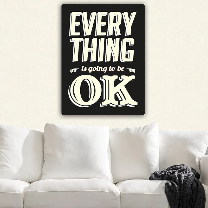 Lerret 70x100 cm - Inspirerende typografisk kunst med budskapet Everything is going to be OK - Svart / Off-white / Rød - Interiør - Maleri & posters - Lerretsbilder