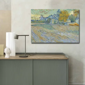 Lerret 70x100 cm - Landskapsmaleri med hus og trær i et harmonisk og fargerikt miljø - Blå / Gul / Grønn - Interiør - Maleri & posters - Lerretsbilder