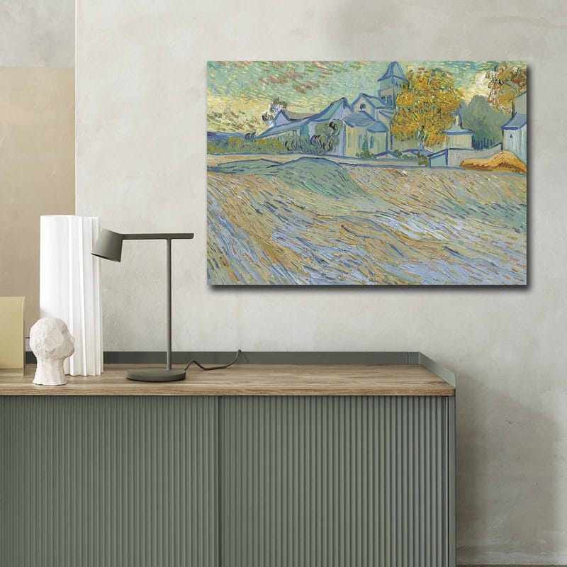 Lerret 70x100 cm - Landskapsmaleri med hus og trær i et harmonisk og fargerikt miljø - Blå / Gul / Grønn - Interiør - Maleri & posters - Lerretsbilder