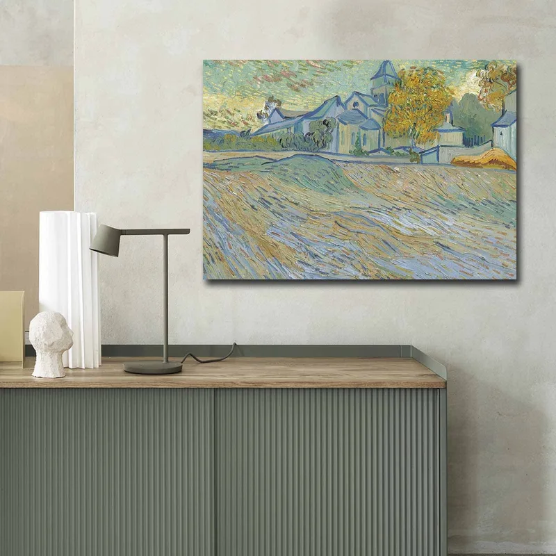 Lerret 70x100 cm - Landskapsmaleri med hus og trær i et harmonisk og fargerikt miljø - Blå / Gul / Grønn - Interiør - Maleri & posters - Lerretsbilder