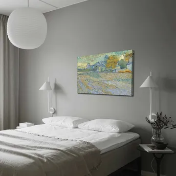 Lerret 70x100 cm - Landskapsmaleri med hus og trær i et harmonisk og fargerikt miljø - Blå / Gul / Grønn - Interiør - Maleri & posters - Lerretsbilder