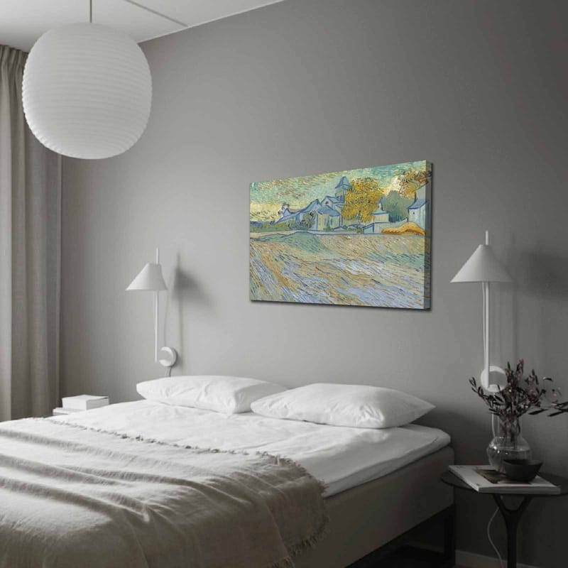 Lerret 70x100 cm - Landskapsmaleri med hus og trær i et harmonisk og fargerikt miljø - Blå / Gul / Grønn - Interiør - Maleri & posters - Lerretsbilder