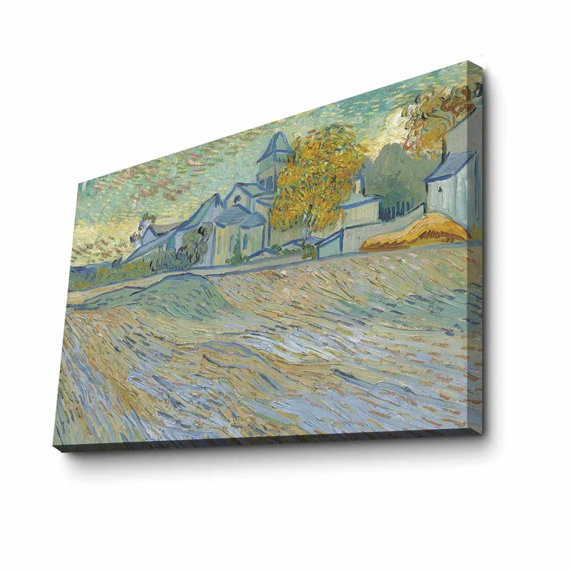 Lerret 70x100 cm - Landskapsmaleri med hus og trær i et harmonisk og fargerikt miljø - Blå / Gul / Grønn - Interiør - Maleri & posters - Lerretsbilder