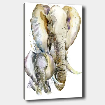 Lerret 70x100 cm - Maleriet avbilder en stor og en liten elefant i en myk og fargerik akvarellstil - Grå / Beige / Lilla - Interiør - Maleri & posters - Lerretsbilder