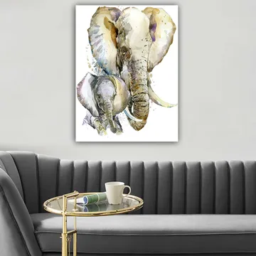Lerret 70x100 cm - Maleriet avbilder en stor og en liten elefant i en myk og fargerik akvarellstil - Grå / Beige / Lilla - Interiør - Maleri & posters - Lerretsbilder