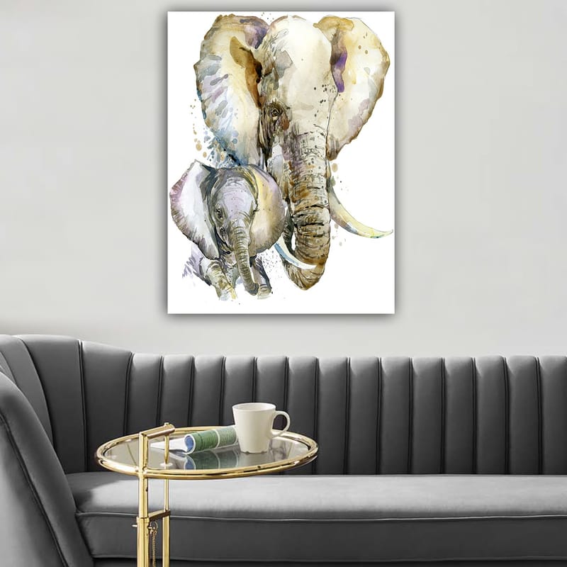 Lerret 70x100 cm - Maleriet avbilder en stor og en liten elefant i en myk og fargerik akvarellstil - Grå / Beige / Lilla - Interiør - Maleri & posters - Lerretsbilder