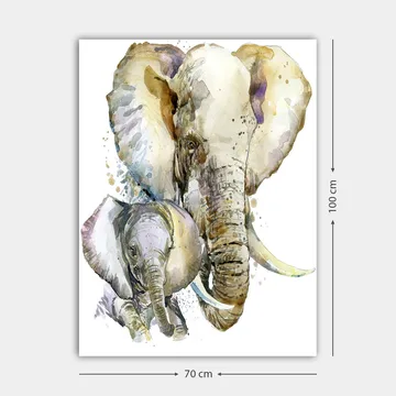 Lerret 70x100 cm - Maleriet avbilder en stor og en liten elefant i en myk og fargerik akvarellstil - Grå / Beige / Lilla - Interiør - Maleri & posters - Lerretsbilder