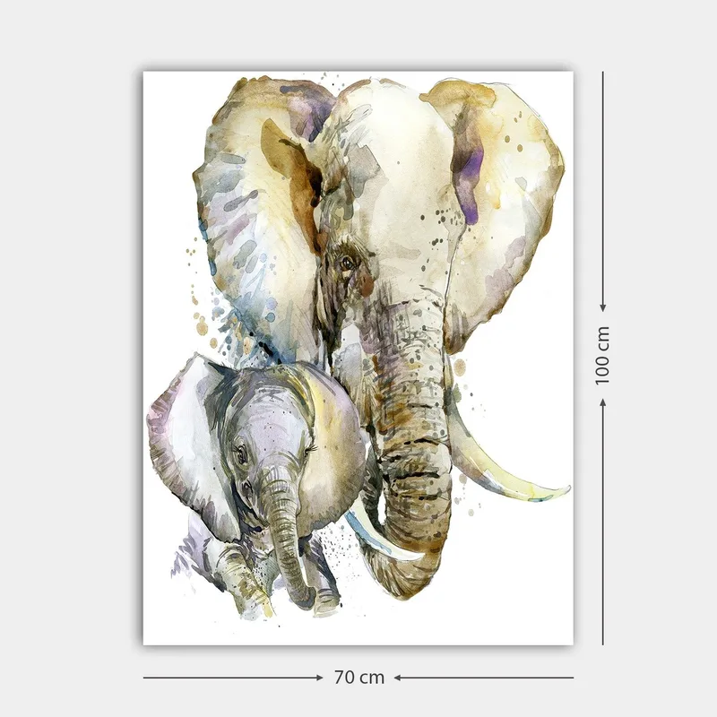 Lerret 70x100 cm - Maleriet avbilder en stor og en liten elefant i en myk og fargerik akvarellstil - Grå / Beige / Lilla - Interiør - Maleri & posters - Lerretsbilder