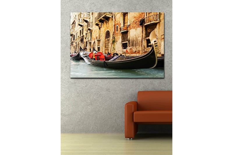 Lerret 70x100 cm - Romantisk scene med gondoler som glir langs en venetiansk kanal - Svart / Rød / Beige - Interiør - Maleri & posters - Lerretsbilder