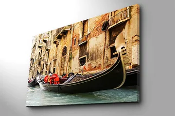 Lerret 70x100 cm - Romantisk scene med gondoler som glir langs en venetiansk kanal - Svart / Rød / Beige - Interiør - Maleri & posters - Lerretsbilder