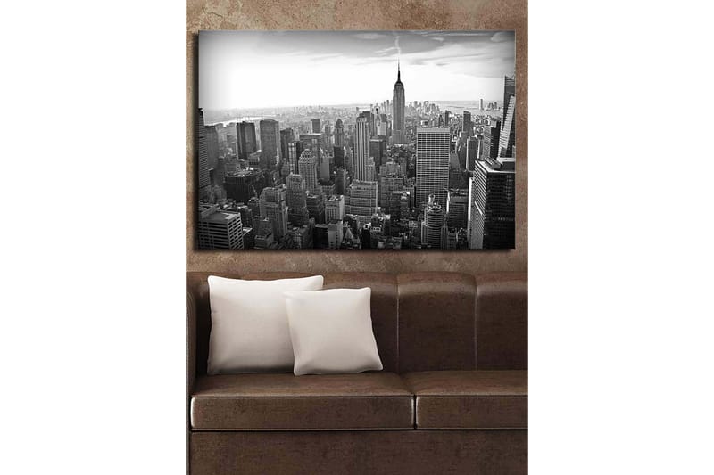 Lerret 70x100 cm - Panoramautsikt over New Yorks skyline med Empire State Building i fokus - Svart / Hvit / Grå - Interiør - Maleri & posters - Lerretsbilder