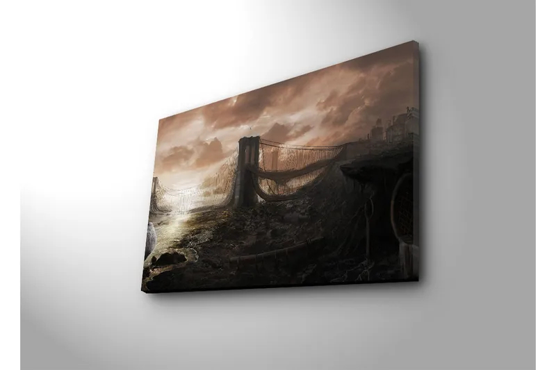 Lerret 70x45 cm - Dystopisk landskap med en bro i ruiner - Mørkegrå / Brun / Beige - Interiør - Maleri & posters - Lerretsbilder
