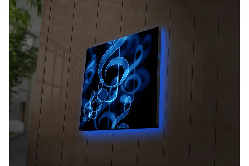 Lerret med LED-belysning 28x28 cm - Abstrakt komposisjon med musikalske noter i blånyanser - Blå / Svart - Interiør - Maleri & posters - Lerretsbilder