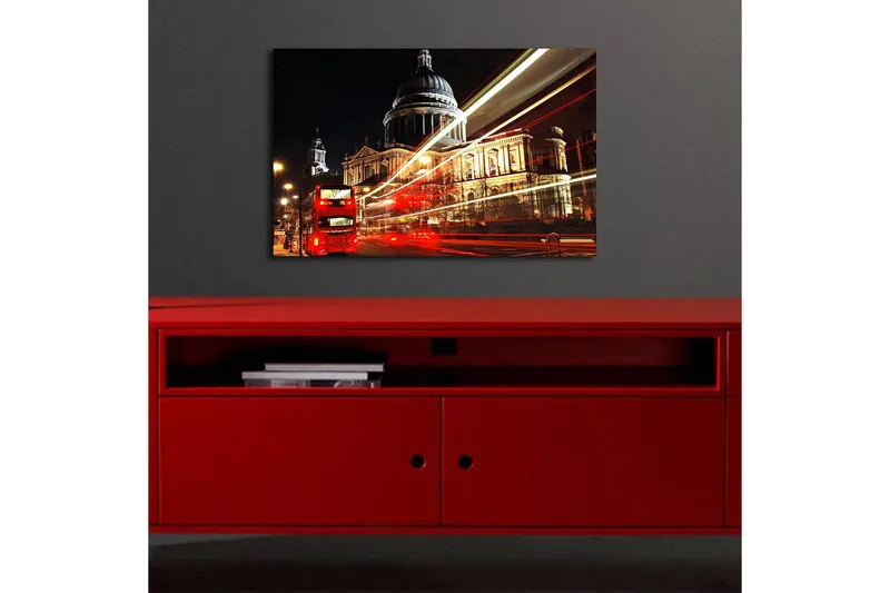 Lerret med LED-belysning 45x70 cm - Bysilhuett med St. Pauls katedral i nattbelysning - Rød / Gull / Svart - Interiør - Maleri & posters - Lerretsbilder