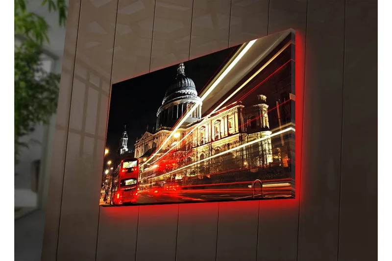 Lerret med LED-belysning 45x70 cm - Bysilhuett med St. Pauls katedral i nattbelysning - Rød / Gull / Svart - Interiør - Maleri & posters - Lerretsbilder