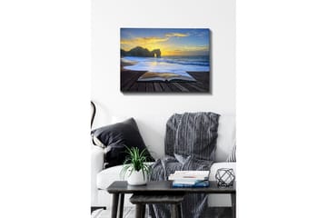 Lerretsbilde - Åpen bok med en strand og solnedgang i bakgrunnen - Blå / Gyllen / Beige - Interiør - Maleri & posters - Lerretsbilder