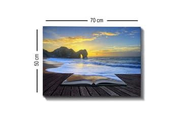 Lerretsbilde - Åpen bok med en strand og solnedgang i bakgrunnen - Blå / Gyllen / Beige - Interiør - Maleri & posters - Lerretsbilder