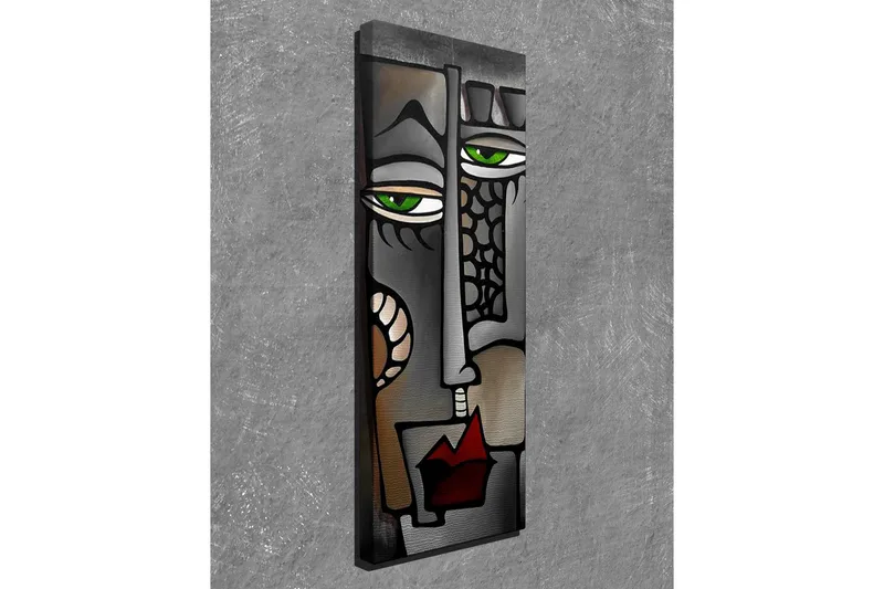 Lerretsbilde 30x80 cm - Abstrakt ansikt med grønne øyne - Grå / Svart / Rød - Interiør - Maleri & posters - Lerretsbilder