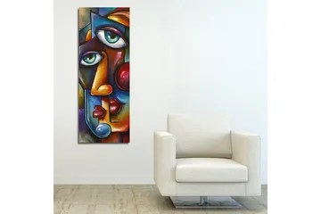 Lerretsbilde 30x80 cm - Abstrakt portrett med to ansikter flettet sammen - Mørk blå / Rød / Beige - Interiør - Maleri & posters - Lerretsbilder