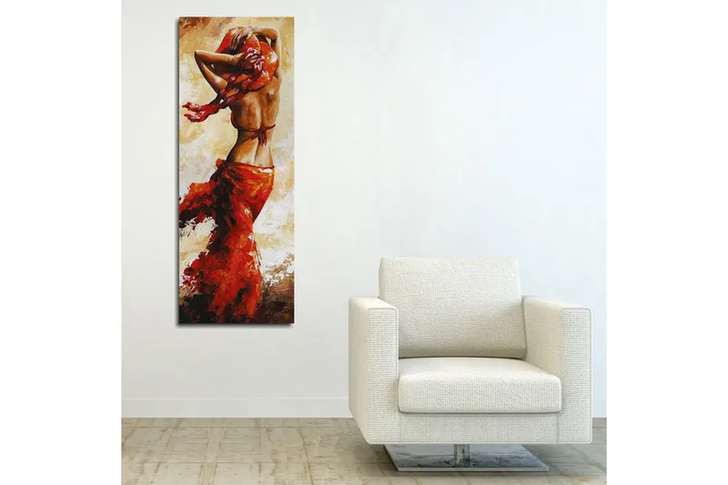 Lerretsbilde 30x80 cm - Dansende kvinne med rød kjole - Rød / Beige / Brun - Interiør - Maleri & posters - Lerretsbilder