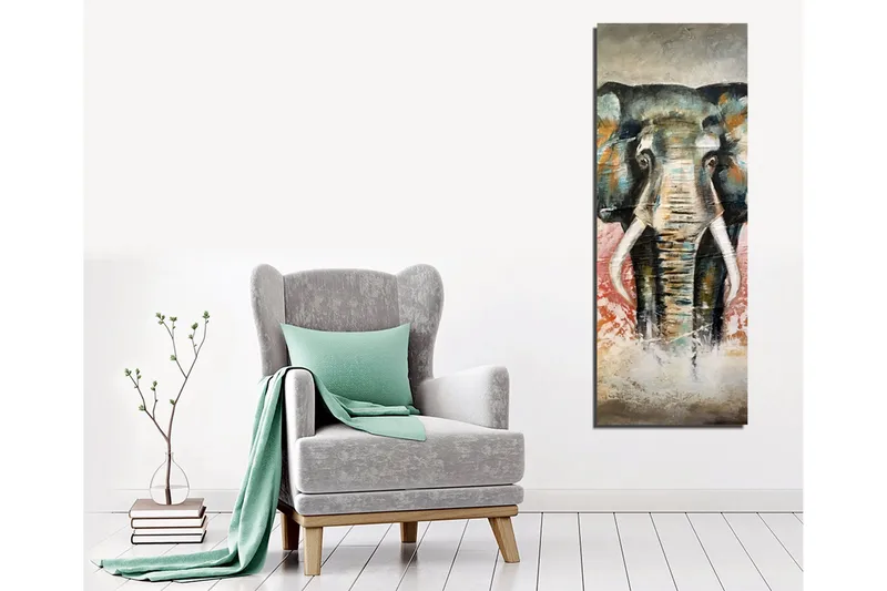Lerretsbilde 30x80 cm - Elefant med fargerike detaljer i bakgrunnen - Grønn / Oransje / Rød - Interiør - Maleri & posters - Lerretsbilder