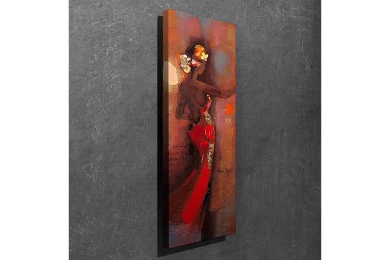 Lerretsbilde 30x80 cm - Elegant kvinne i rød kjole med blomster i håret - Rød / Brun / Beige - Interiør - Maleri & posters - Lerretsbilder