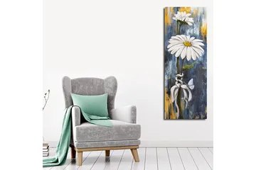 Lerretsbilde 30x80 cm - Hvite tusenfryd med blå og gyllen bakgrunn - Hvit / Blå / Gull - Interiør - Maleri & posters - Lerretsbilder