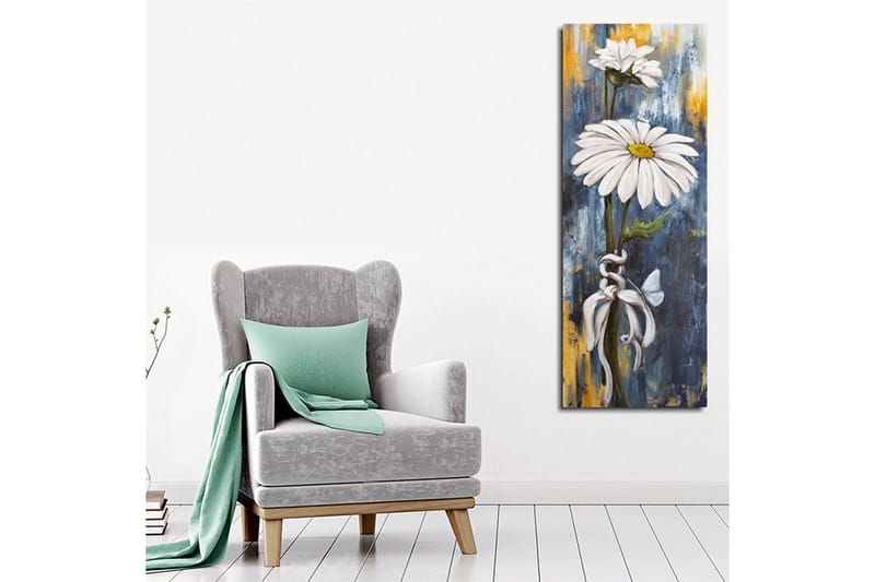 Lerretsbilde 30x80 cm - Hvite tusenfryd med blå og gyllen bakgrunn - Hvit / Blå / Gull - Interiør - Maleri & posters - Lerretsbilder