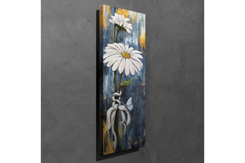 Lerretsbilde 30x80 cm - Hvite tusenfryd med blå og gyllen bakgrunn - Hvit / Blå / Gull - Interiør - Maleri & posters - Lerretsbilder