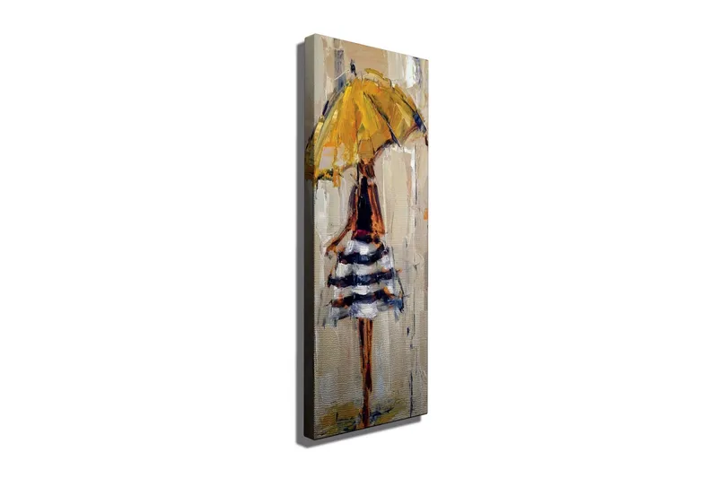 Lerretsbilde 30x80 cm - Kvinne med gul paraply og stripete kjole, Gul / Svart / Hvit