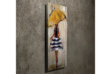 Lerretsbilde 30x80 cm - Kvinne med gul paraply og stripete kjole - Gul / Svart / Hvit - Interiør - Maleri & posters - Lerretsbilder