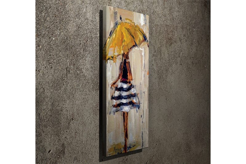 Lerretsbilde 30x80 cm - Kvinne med gul paraply og stripete kjole - Gul / Svart / Hvit - Interiør - Maleri & posters - Lerretsbilder