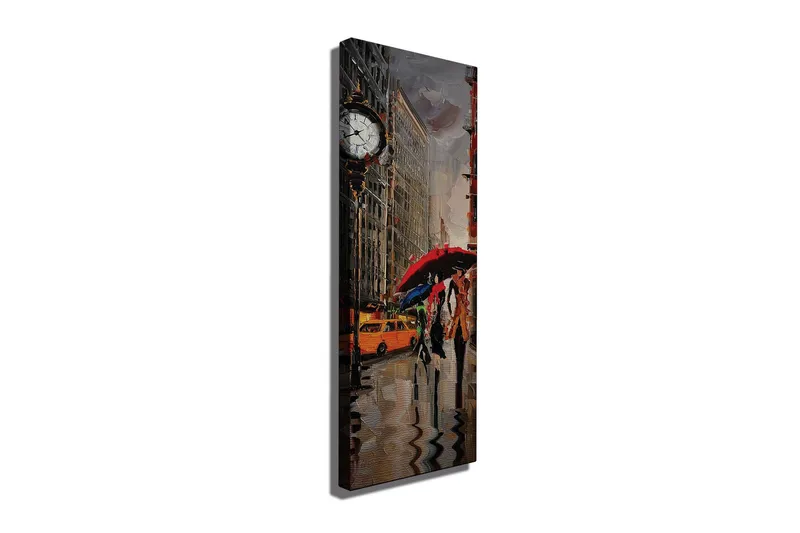 Lerretsbilde 30x80 cm - Livlig byscene med folk som går under paraplyer i regnet - Rød / Gul / Grå - Interiør - Maleri & posters - Lerretsbilder