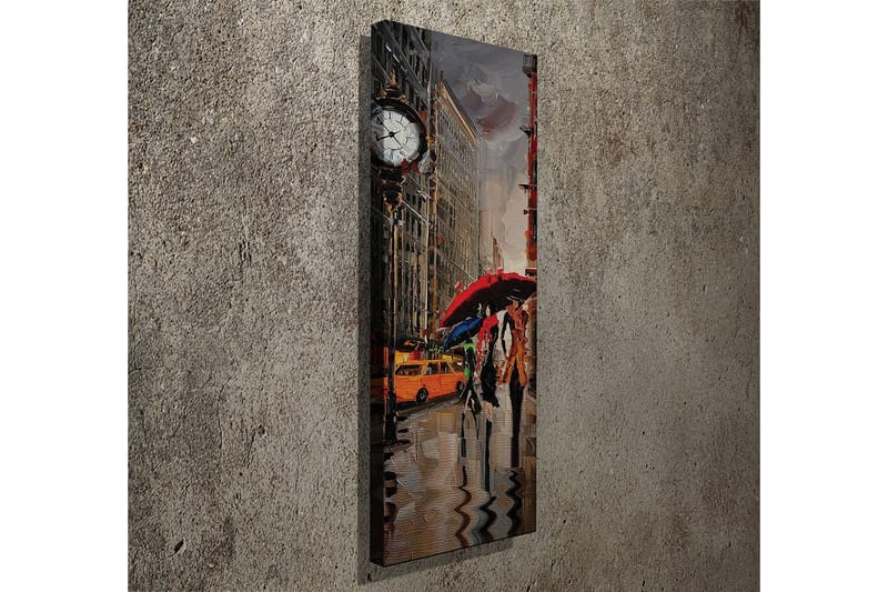 Lerretsbilde 30x80 cm - Livlig byscene med folk som går under paraplyer i regnet - Rød / Gul / Grå - Interiør - Maleri & posters - Lerretsbilder