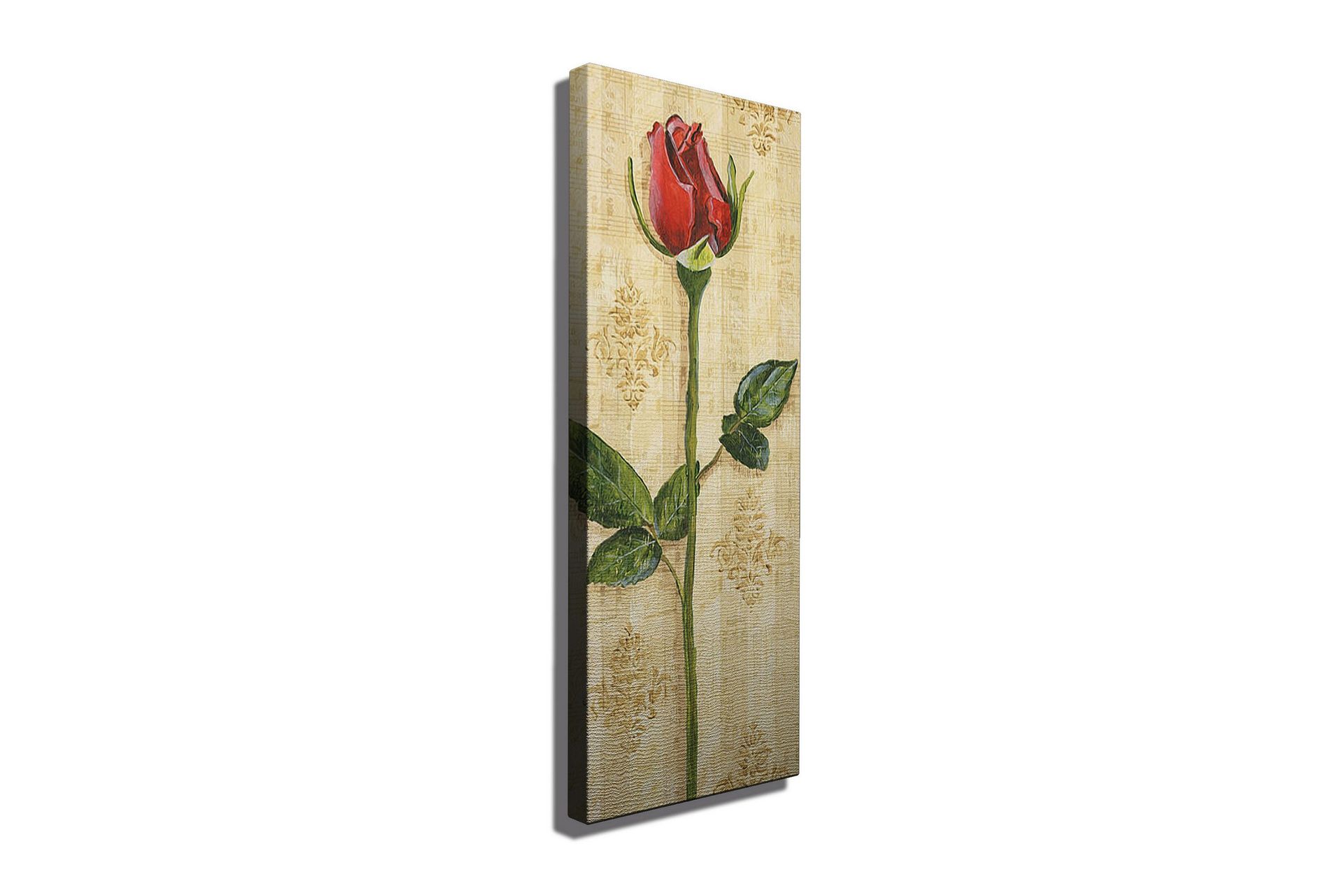 Lerretsbilde 30x80 cm - Rød rose med grønne blader på en lys bakgrunn ...
