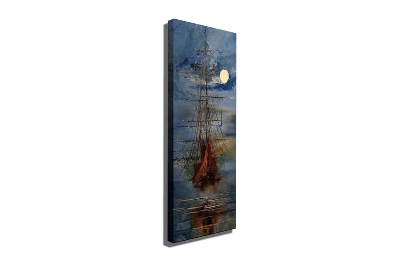 Lerretsbilde 30x80 cm - Seilbåt på en speilblank innsjø under fullmåne, Mørk blå / Oransje / Hvit