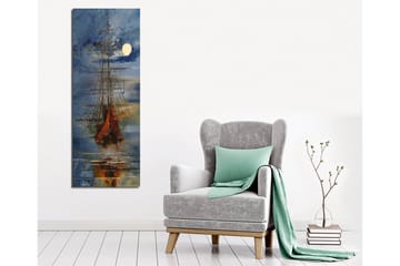 Lerretsbilde 30x80 cm - Seilbåt på en speilblank innsjø under fullmåne - Mørk blå / Oransje / Hvit - Interiør - Maleri & posters - Lerretsbilder