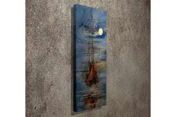 Lerretsbilde 30x80 cm - Seilbåt på en speilblank innsjø under fullmåne - Mørk blå / Oransje / Hvit - Interiør - Maleri & posters - Lerretsbilder
