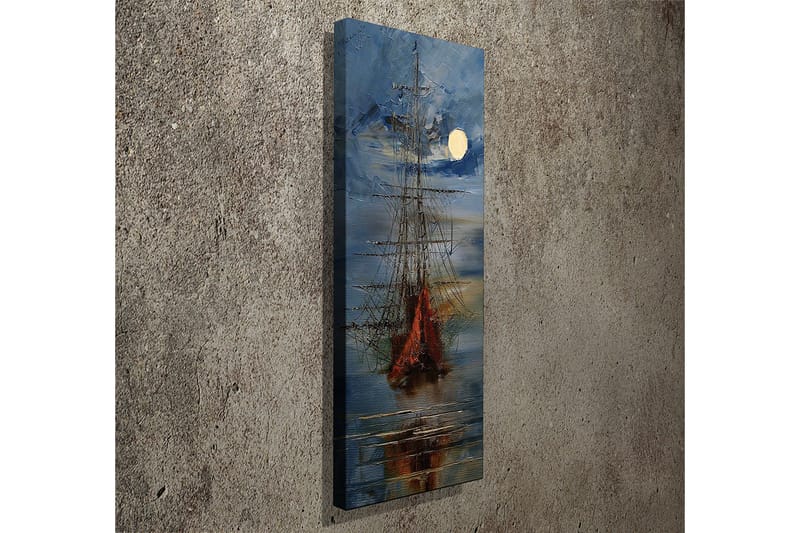 Lerretsbilde 30x80 cm - Seilbåt på en speilblank innsjø under fullmåne - Mørk blå / Oransje / Hvit - Interiør - Maleri & posters - Lerretsbilder
