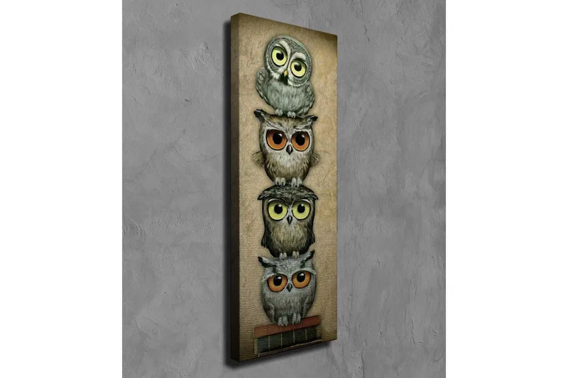 Lerretsbilde 30x80 cm - Stablede ugler med forskjellige uttrykk og farger - Grå / Brun / Gul - Interiør - Maleri & posters - Lerretsbilder